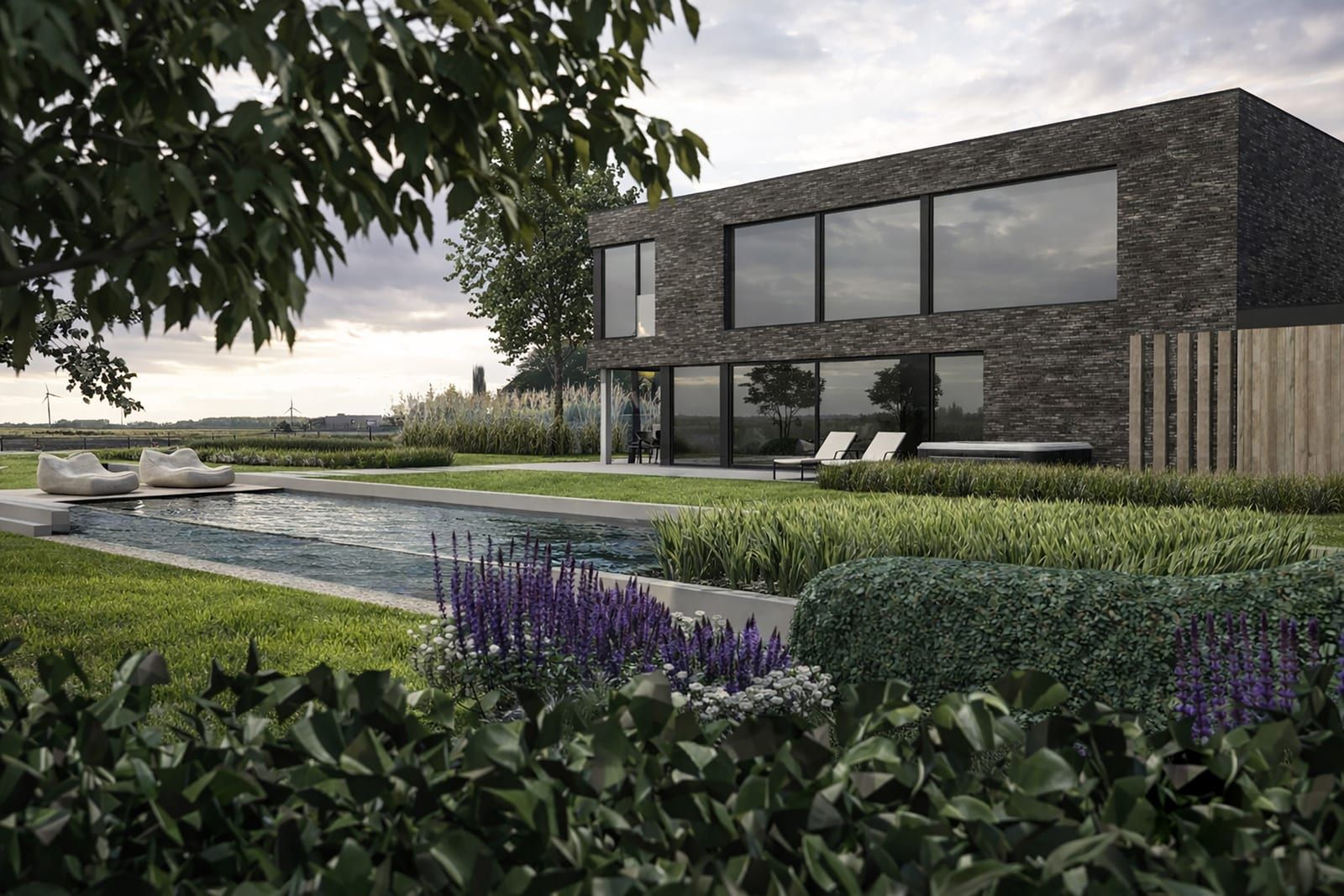 Strakke villatuin met zwemvijver