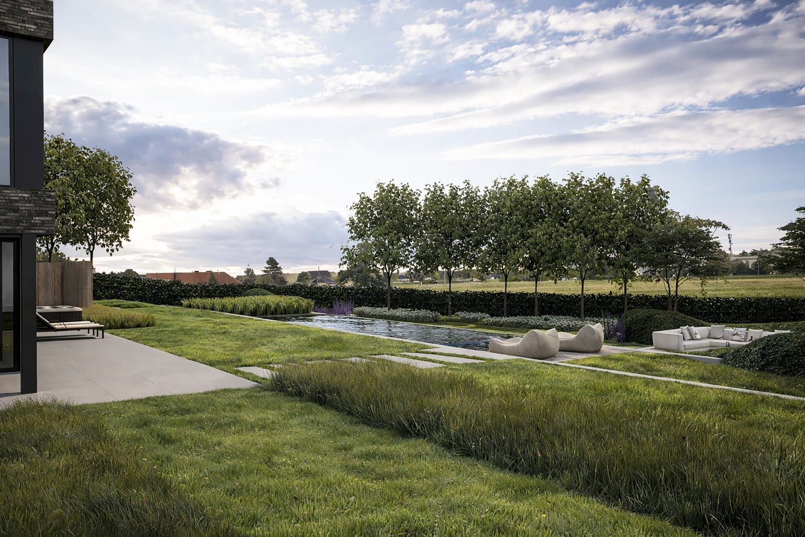 Strakke villatuin met zwemvijver